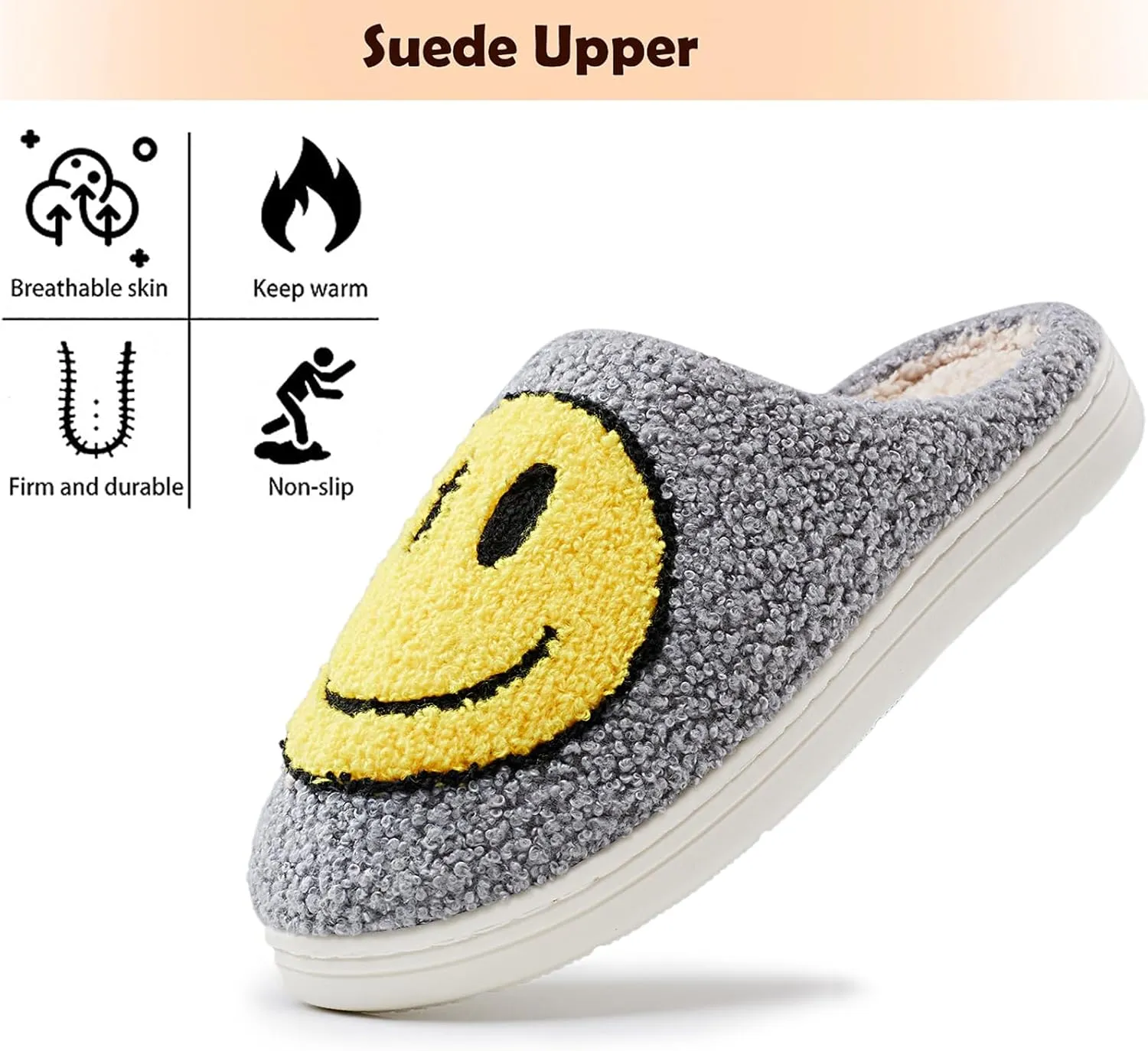 rosyclo Smile Face Slippers Retro Soft Plush Cozy House Slippers Slip-on Fluffy Indoor Outdoor Smile Slippers for Women and Men