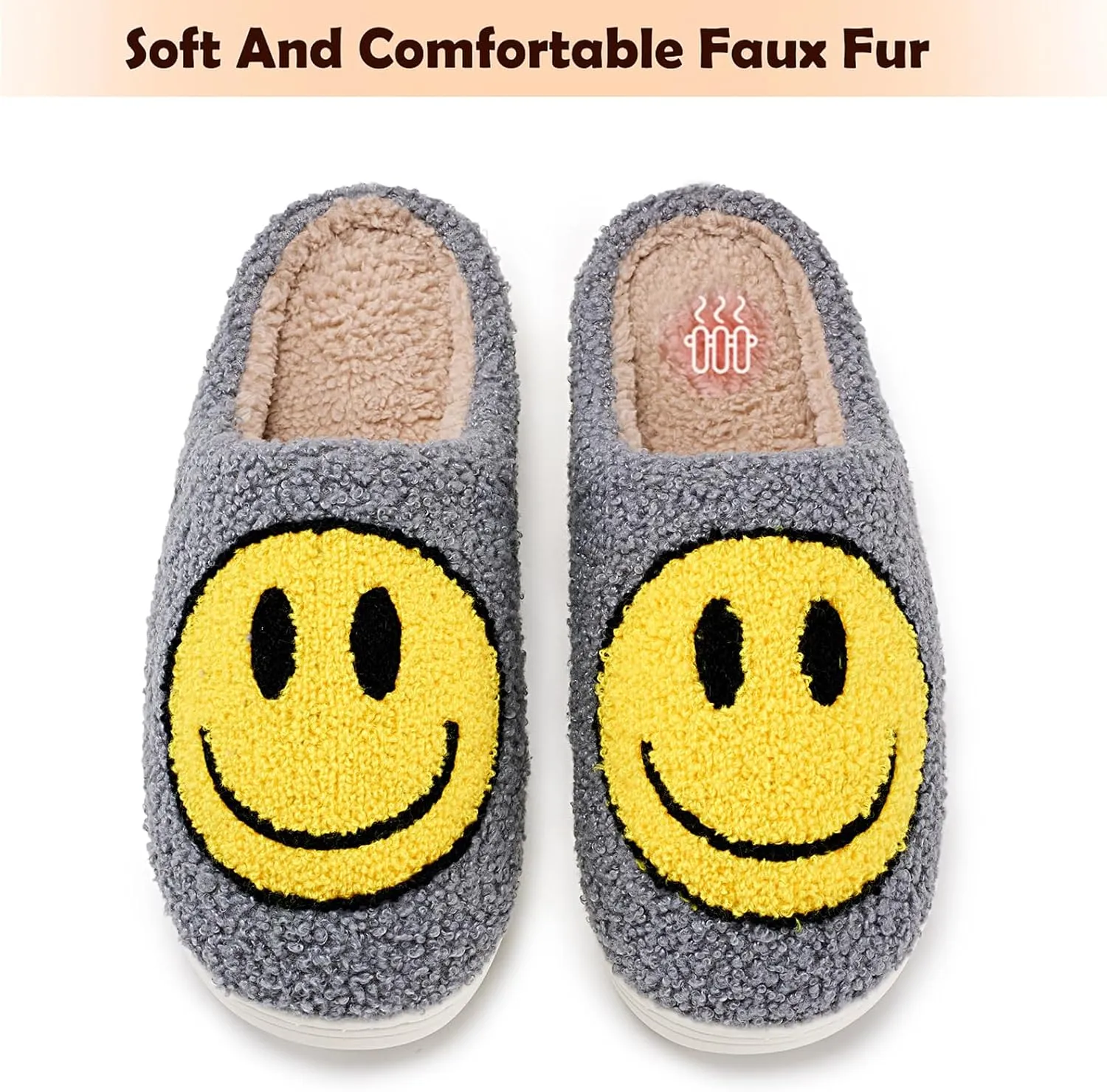rosyclo Smile Face Slippers Retro Soft Plush Cozy House Slippers Slip-on Fluffy Indoor Outdoor Smile Slippers for Women and Men