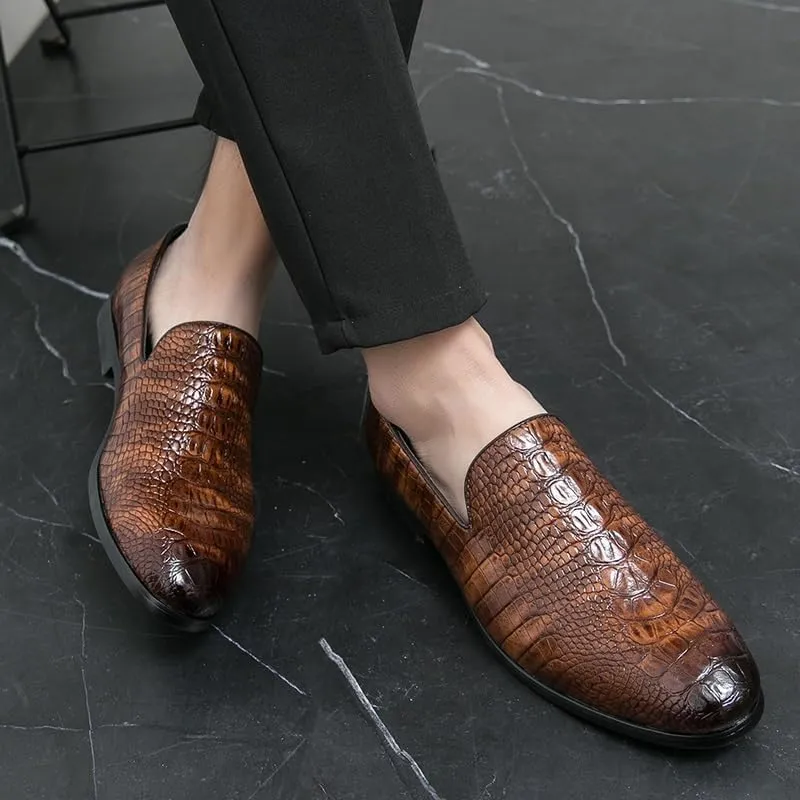 Shoes Dress Oxford for Men Slip On Pointed Burnished Toe Crocodile Print Loafer Anti-Slip Slip Resistant Block Heel Casual