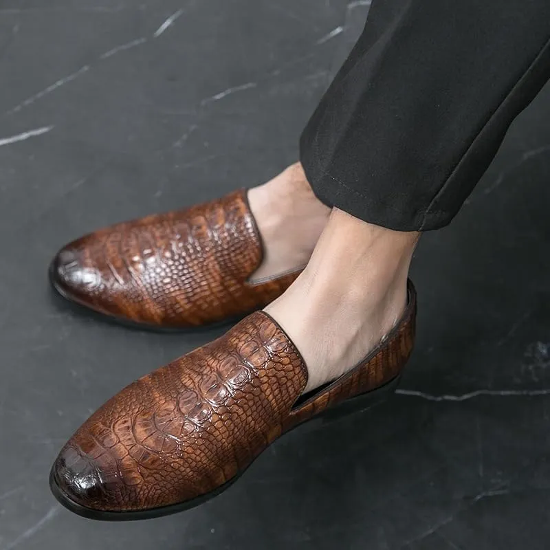 Shoes Dress Oxford for Men Slip On Pointed Burnished Toe Crocodile Print Loafer Anti-Slip Slip Resistant Block Heel Casual