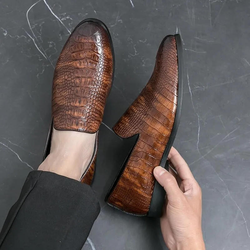 Shoes Dress Oxford for Men Slip On Pointed Burnished Toe Crocodile Print Loafer Anti-Slip Slip Resistant Block Heel Casual