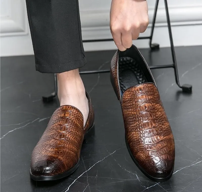 Shoes Dress Oxford for Men Slip On Pointed Burnished Toe Crocodile Print Loafer Anti-Slip Slip Resistant Block Heel Casual