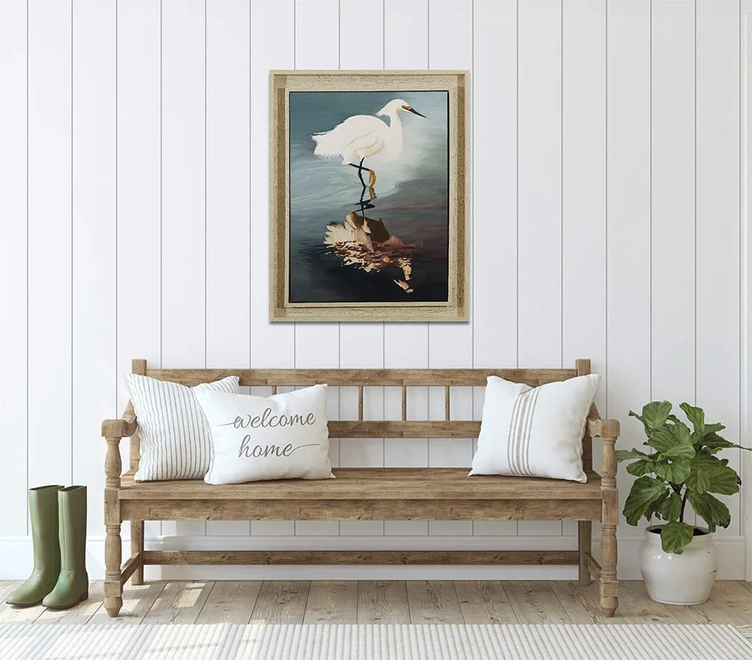 Snowy Egret's Golden Slipper Reflection - Original Acrylic Painting - Framed