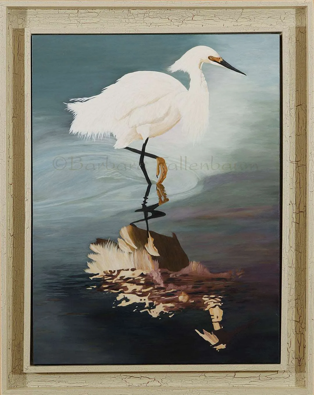 Snowy Egret's Golden Slipper Reflection - Original Acrylic Painting - Framed