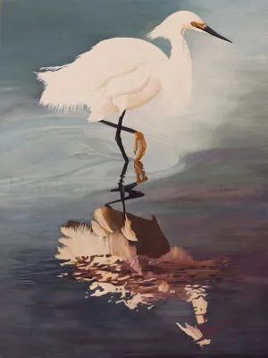 Snowy Egret's Golden Slipper Reflection - Original Acrylic Painting - Framed