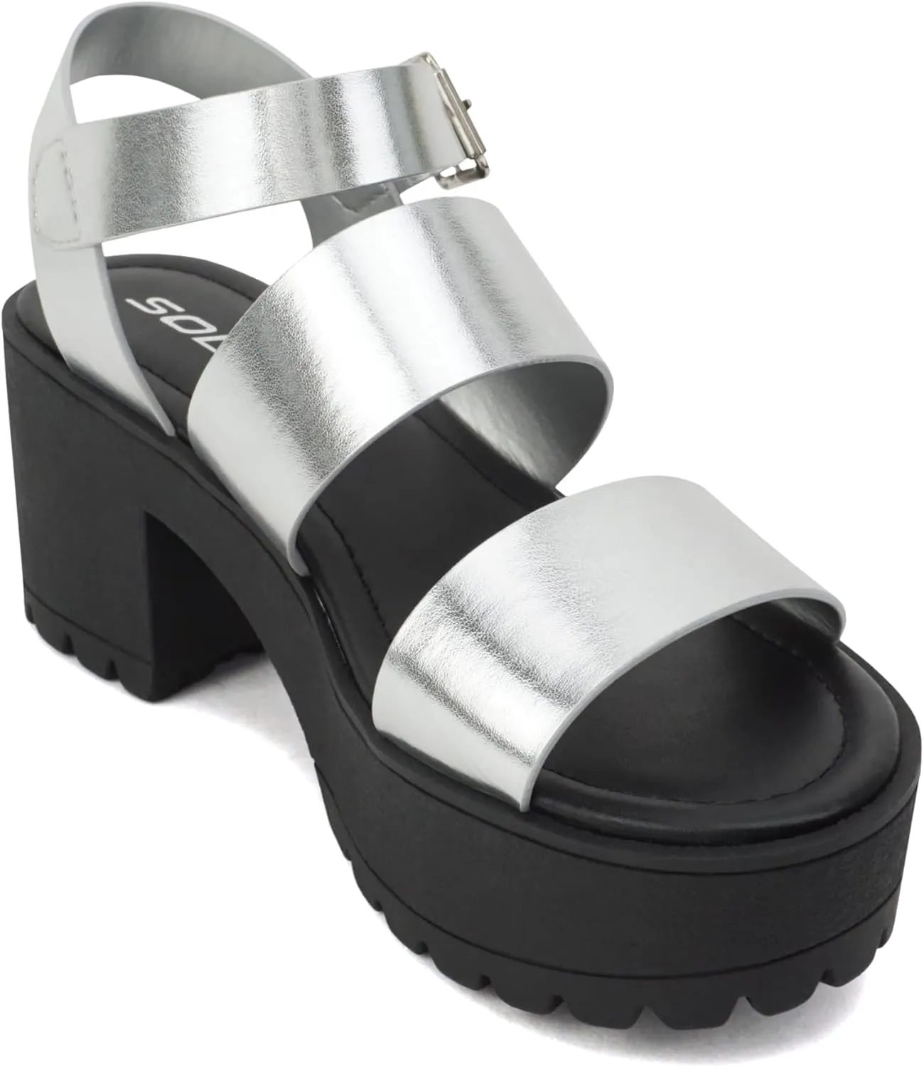 Soda ACCOUNT ~ Women Open Toe Two Bands Lug sole Fashion Block Heel Sandals with Adjustable Ankle Strap