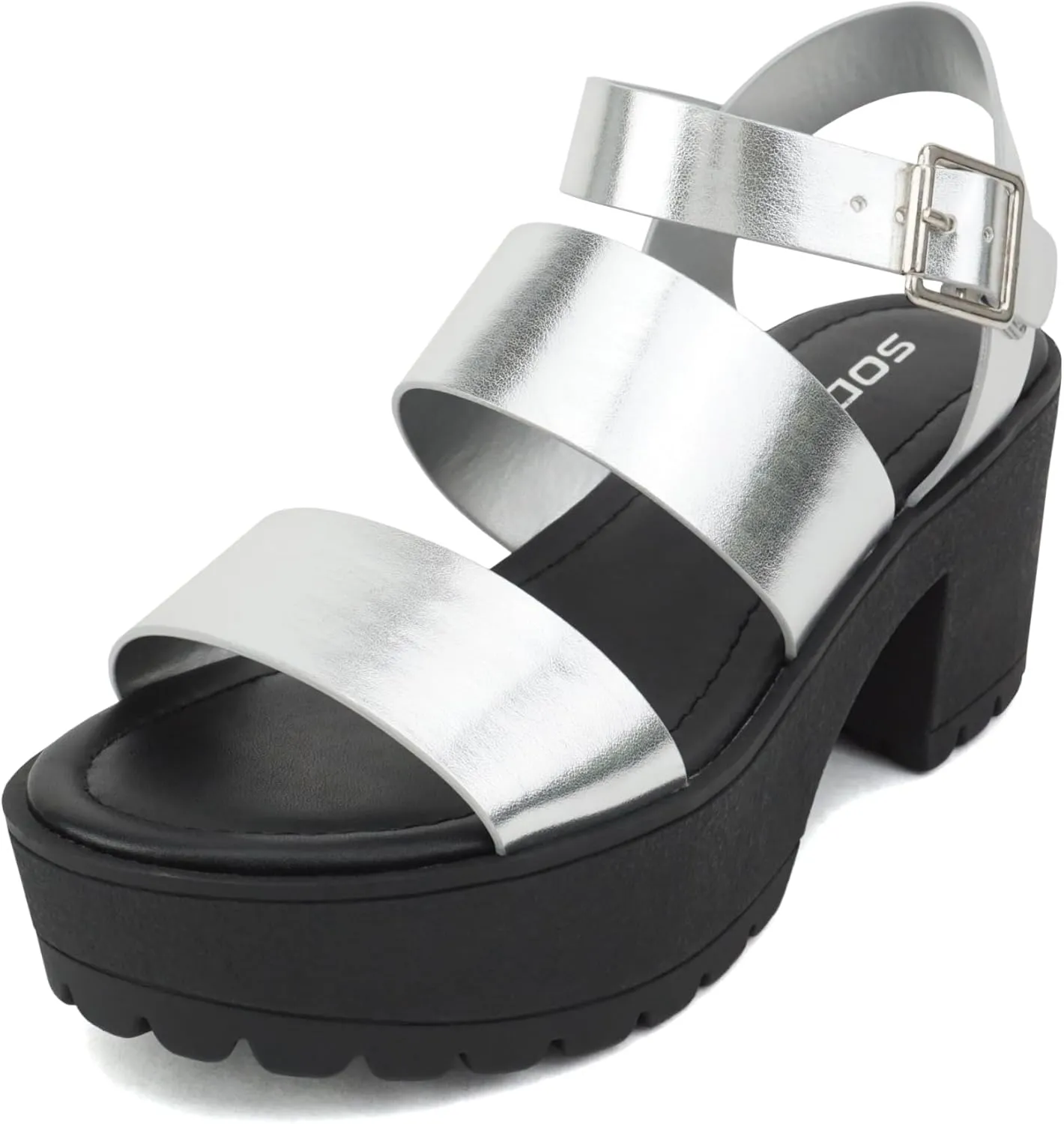 Soda ACCOUNT ~ Women Open Toe Two Bands Lug sole Fashion Block Heel Sandals with Adjustable Ankle Strap