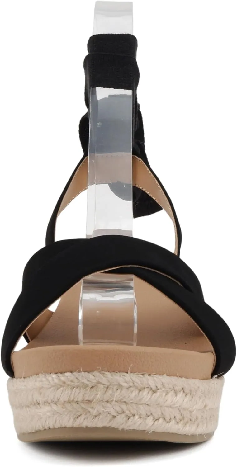 Soda “Donnie” ~ Women Open Round Toe Crisscross Band Low Heel Espadrille Wedge Sandal with Adjustable Ankle Strap
