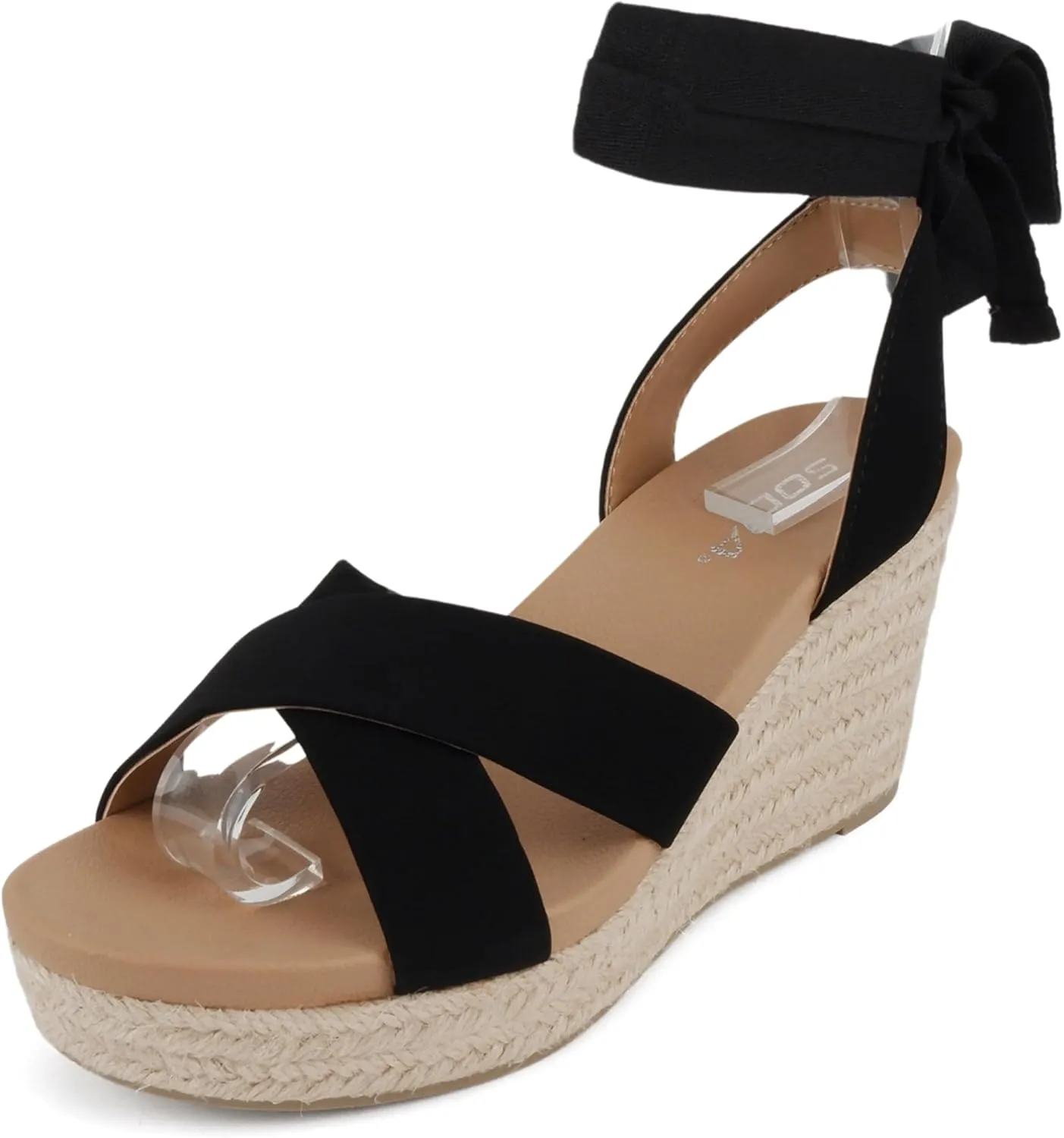 Soda “Donnie” ~ Women Open Round Toe Crisscross Band Low Heel Espadrille Wedge Sandal with Adjustable Ankle Strap