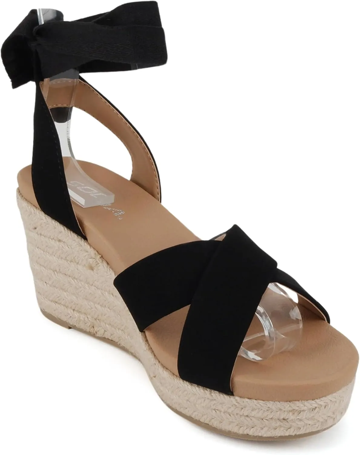 Soda “Donnie” ~ Women Open Round Toe Crisscross Band Low Heel Espadrille Wedge Sandal with Adjustable Ankle Strap
