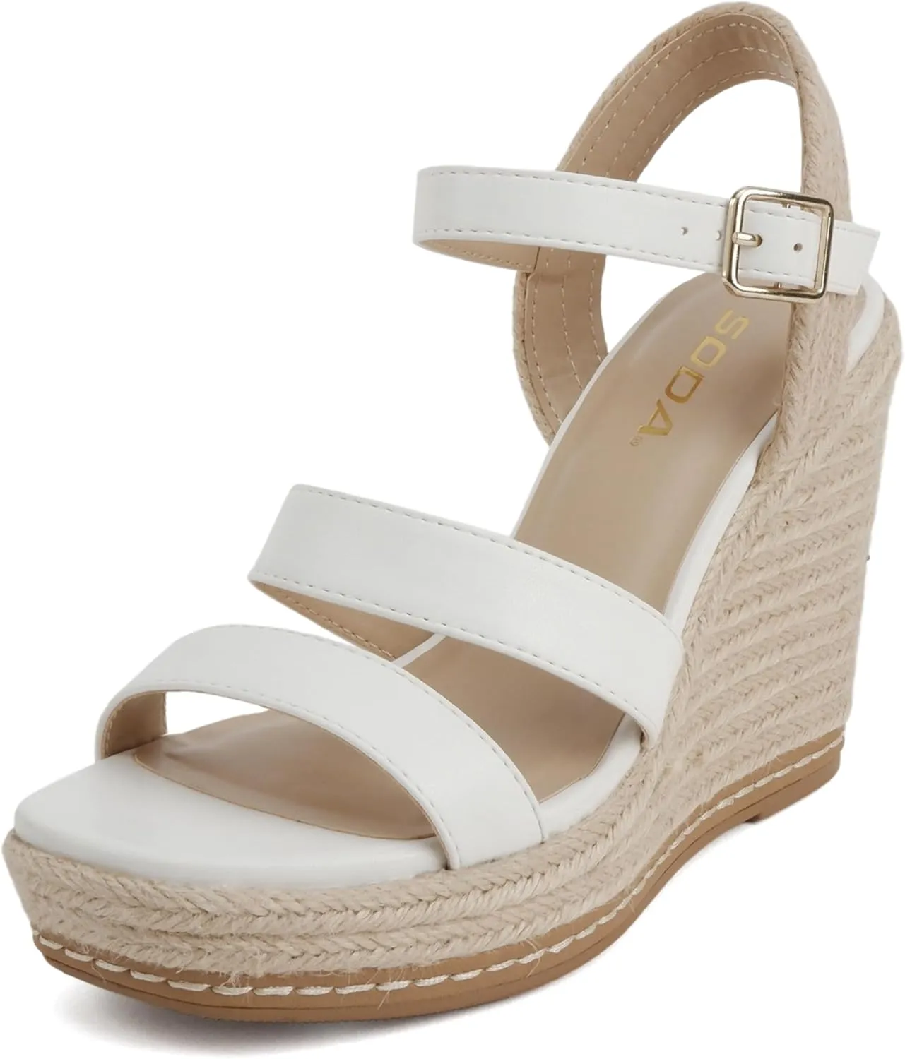 Soda “Lavina” ~ Women Open Square Toe Multi Band High Heel Espadrille Wedge Sandal with Adjustable Ankle Strap