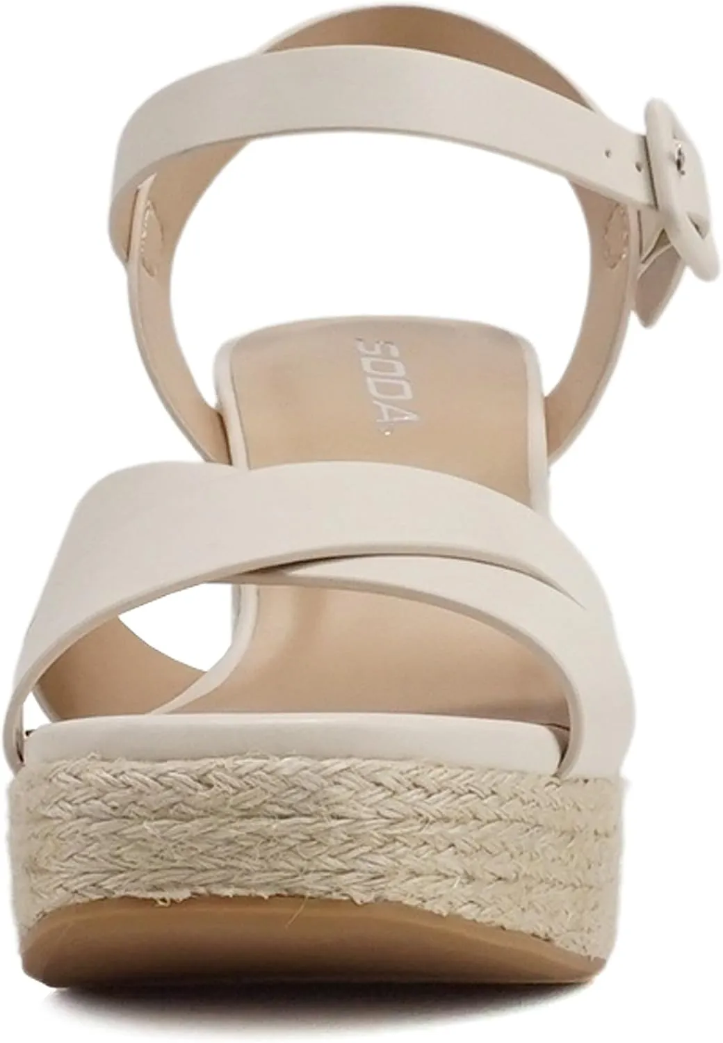Soda “NOBLE” ~ Women Open Square Toe Crisscross Band Ankle Strap High Heel Espadrille Notch Wedge Sandal