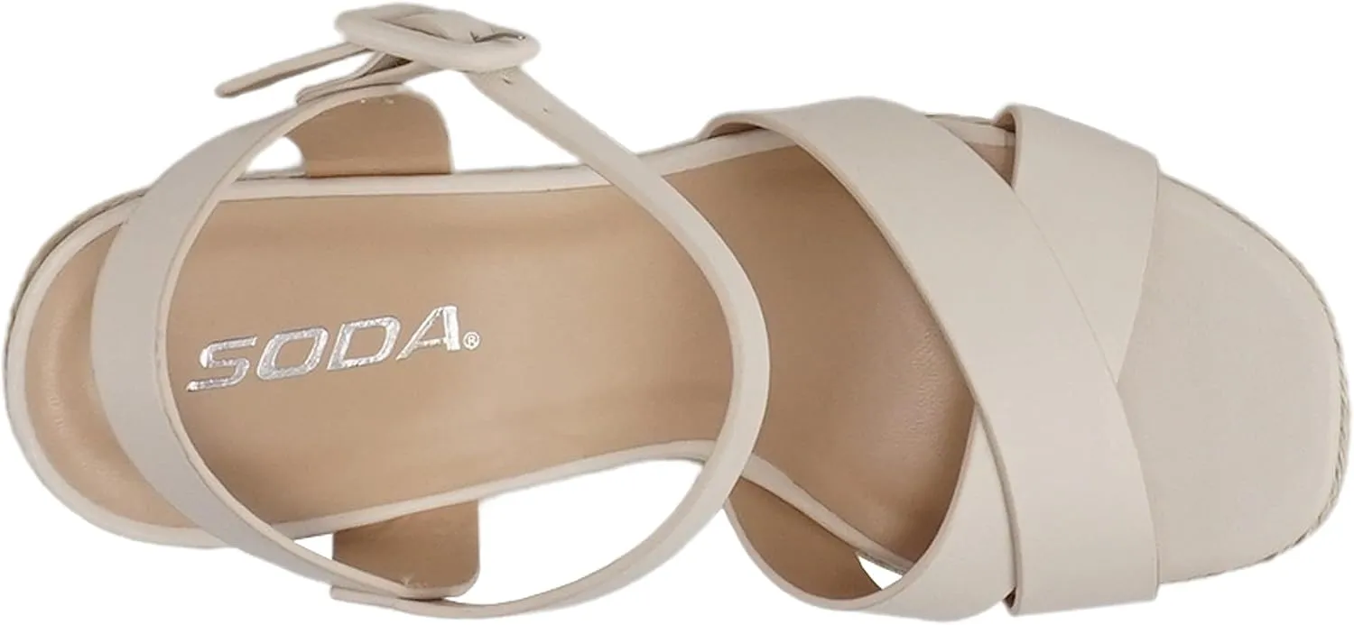 Soda “NOBLE” ~ Women Open Square Toe Crisscross Band Ankle Strap High Heel Espadrille Notch Wedge Sandal
