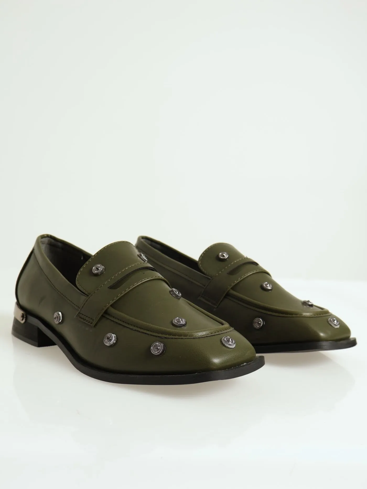 Studded Square Toe Loafer - Olive