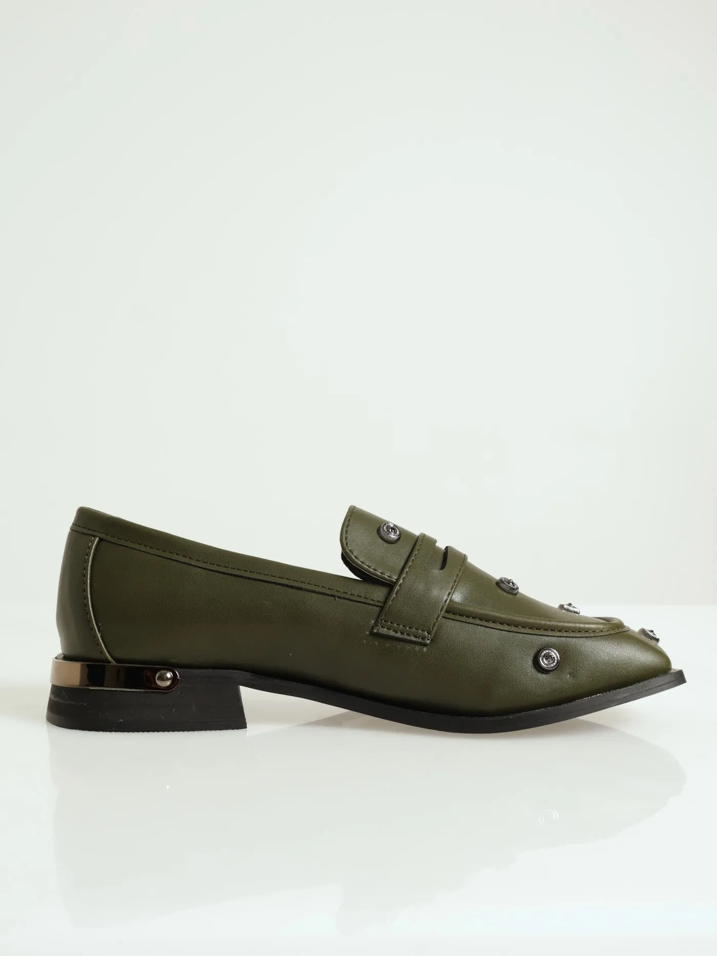 Studded Square Toe Loafer - Olive