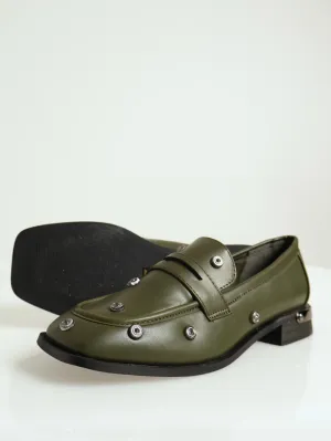 Studded Square Toe Loafer - Olive