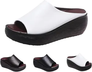 Summer Comfortable Orthotic Leather Wedges Slides,Dressy Platform Heel Arch Support Slip Sandals for Women