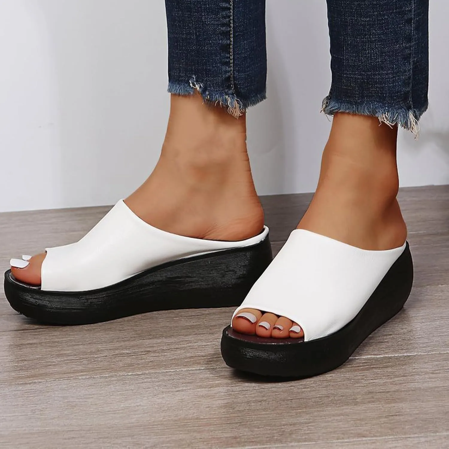 Summer Comfortable Orthotic Leather Wedges Slides,Dressy Platform Heel Arch Support Slip Sandals for Women