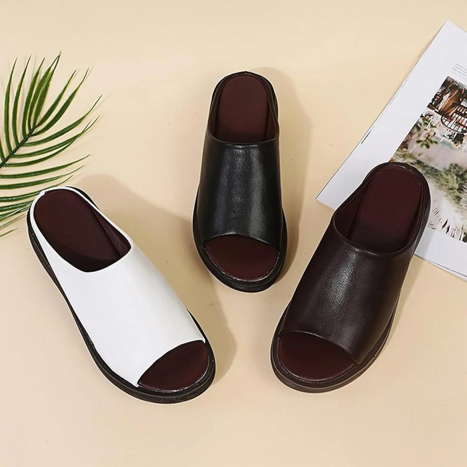 Summer Comfortable Orthotic Leather Wedges Slides,Dressy Platform Heel Arch Support Slip Sandals for Women