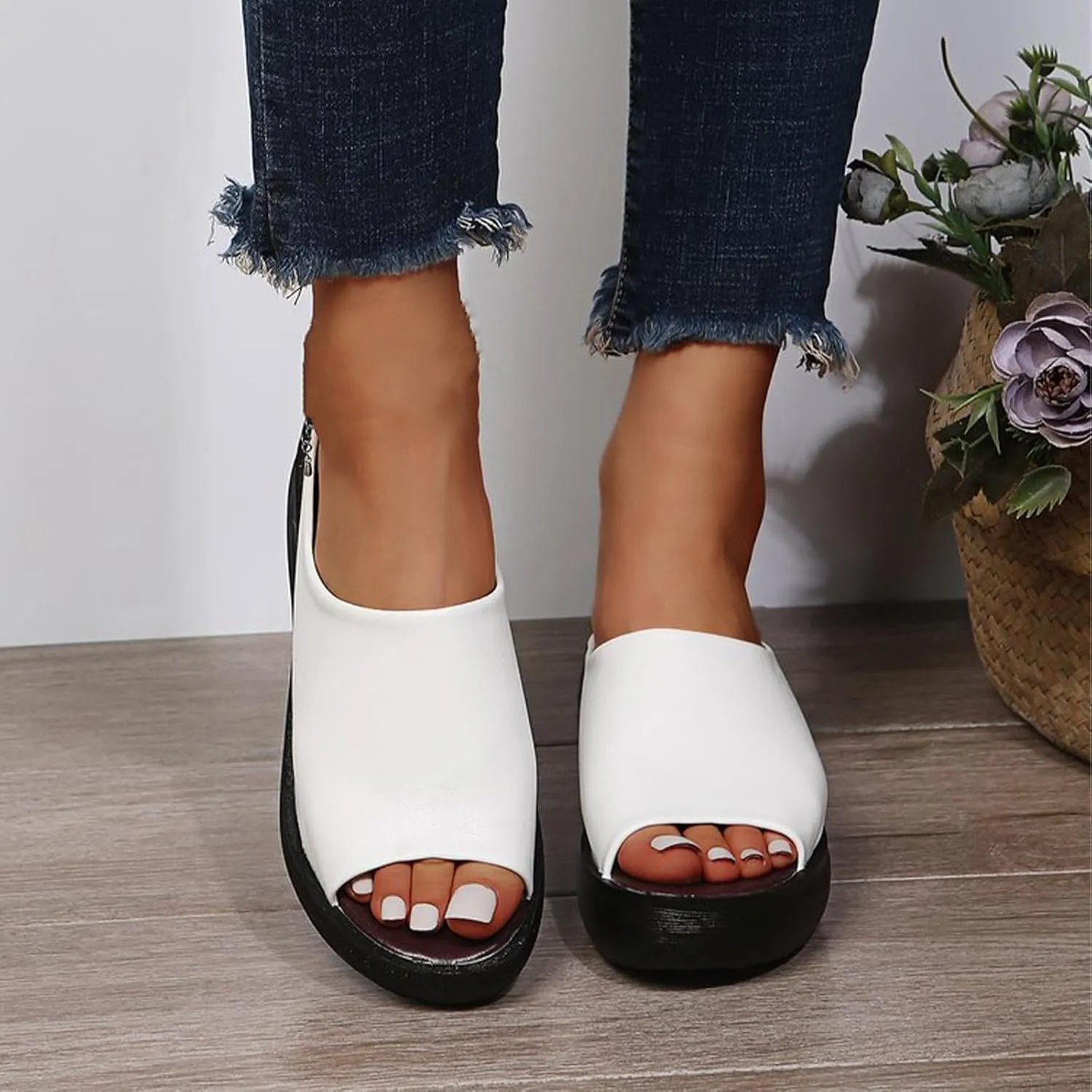 Summer Comfortable Orthotic Leather Wedges Slides,Dressy Platform Heel Arch Support Slip Sandals for Women
