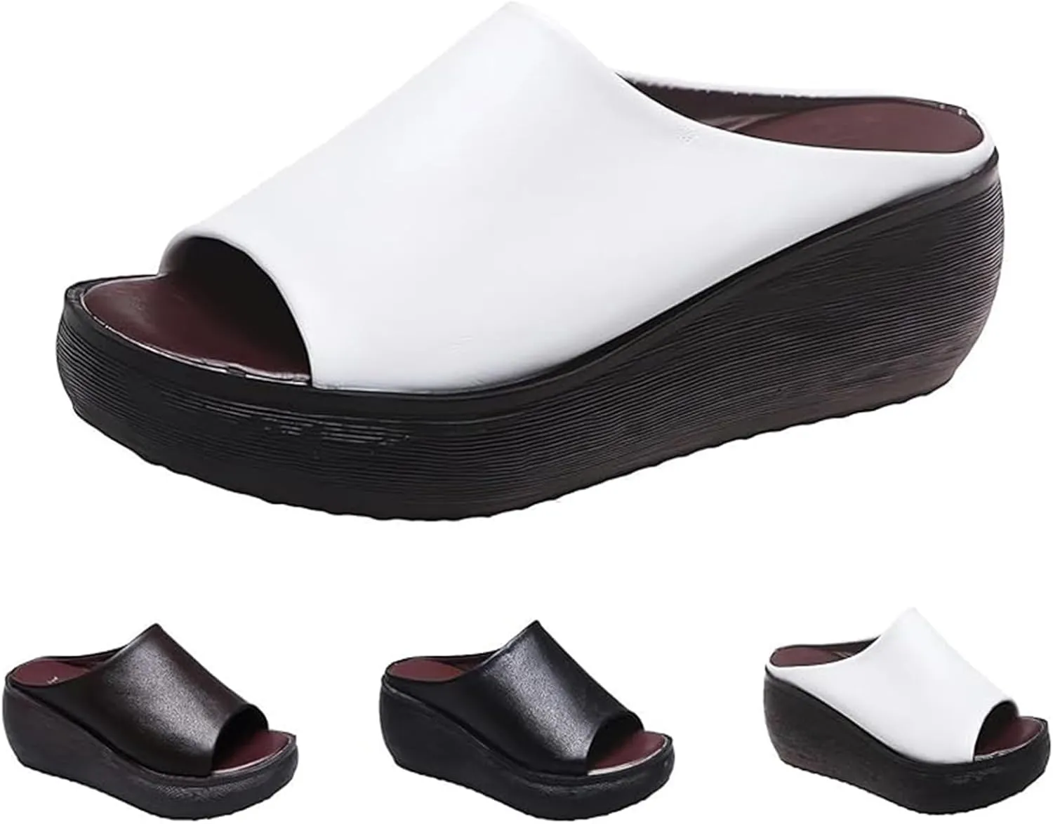 Summer Comfortable Orthotic Leather Wedges Slides,Dressy Platform Heel Arch Support Slip Sandals for Women