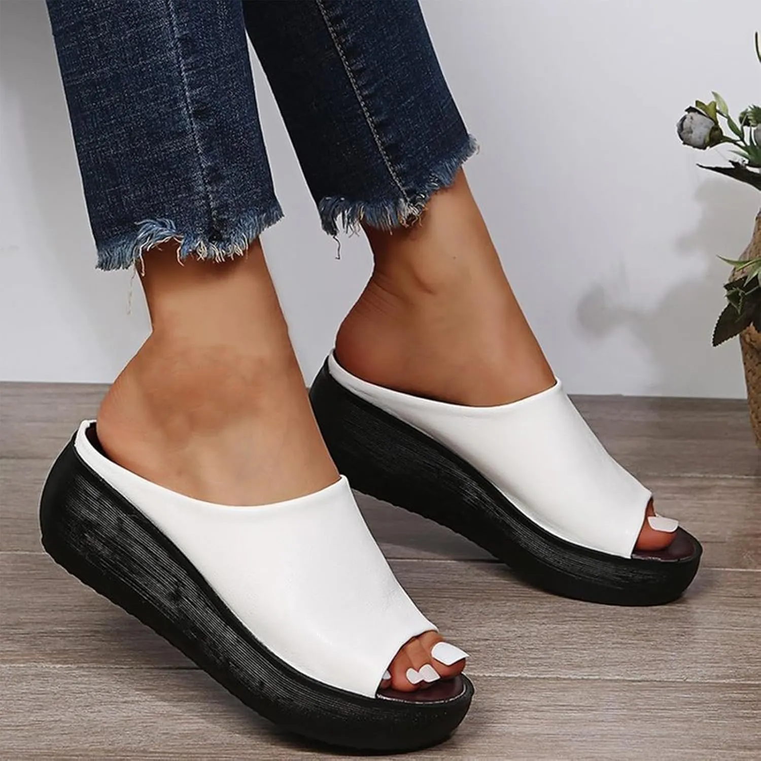 Summer Comfortable Orthotic Leather Wedges Slides,Dressy Platform Heel Arch Support Slip Sandals for Women