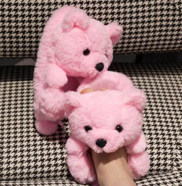 Teddy Bear women plush slippers Cartoon Cute Bear House Slipper Furry Faux Fur