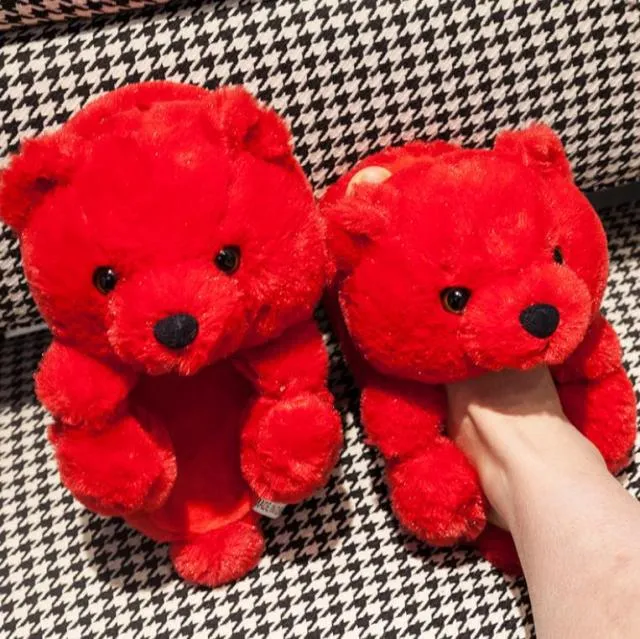 Teddy Bear women plush slippers Cartoon Cute Bear House Slipper Furry Faux Fur