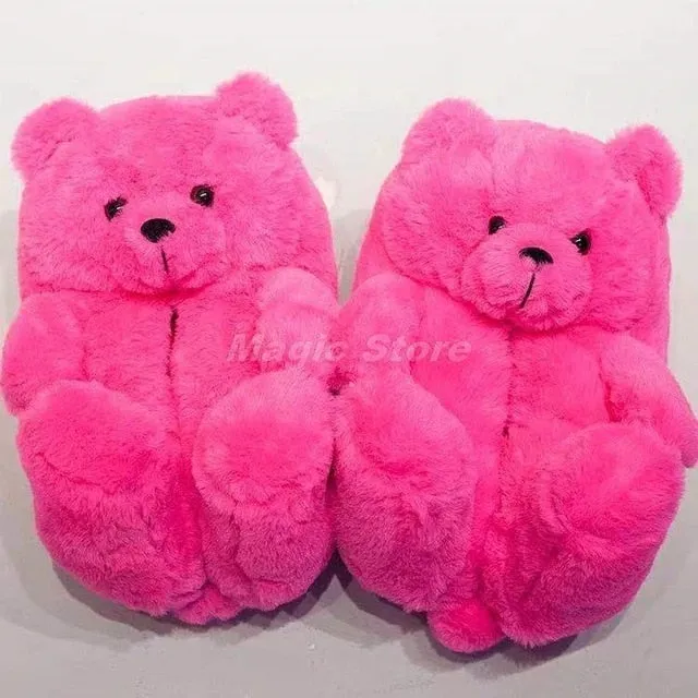 Teddy Bear women plush slippers Cartoon Cute Bear House Slipper Furry Faux Fur