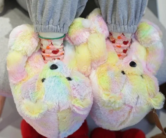 Teddy Bear women plush slippers Cartoon Cute Bear House Slipper Furry Faux Fur