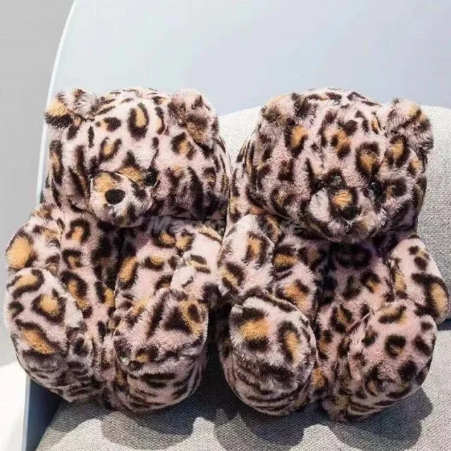 Teddy Bear women plush slippers Cartoon Cute Bear House Slipper Furry Faux Fur