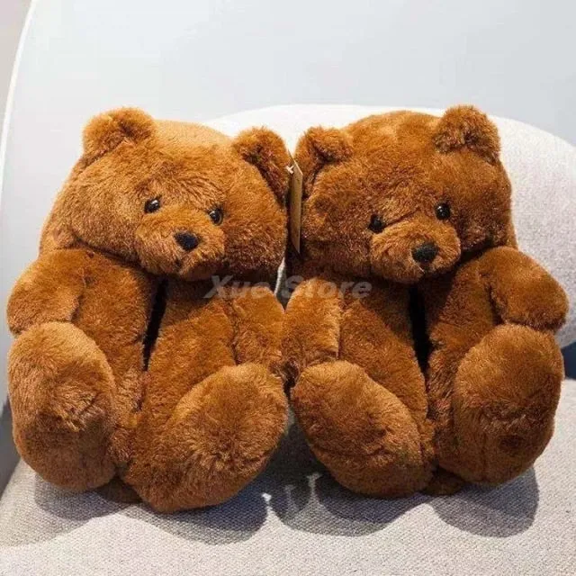 Teddy Bear women plush slippers Cartoon Cute Bear House Slipper Furry Faux Fur