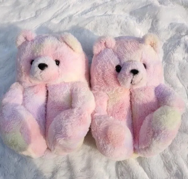 Teddy Bear women plush slippers Cartoon Cute Bear House Slipper Furry Faux Fur