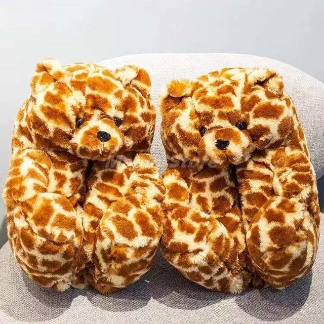 Teddy Bear women plush slippers Cartoon Cute Bear House Slipper Furry Faux Fur