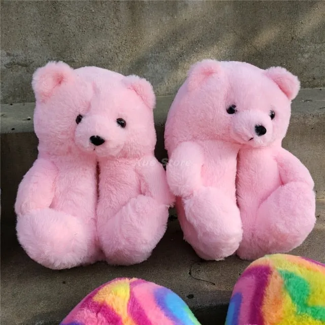 Teddy Bear women plush slippers Cartoon Cute Bear House Slipper Furry Faux Fur