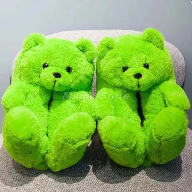 Teddy Bear women plush slippers Cartoon Cute Bear House Slipper Furry Faux Fur