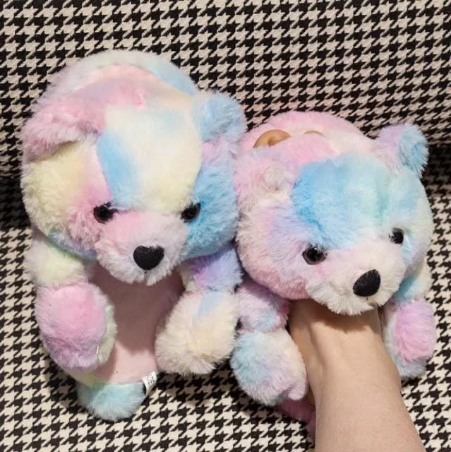 Teddy Bear women plush slippers Cartoon Cute Bear House Slipper Furry Faux Fur