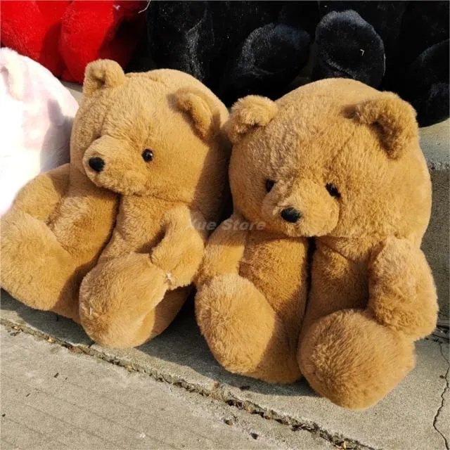 Teddy Bear women plush slippers Cartoon Cute Bear House Slipper Furry Faux Fur