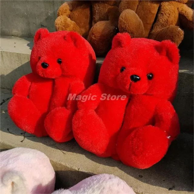 Teddy Bear women plush slippers Cartoon Cute Bear House Slipper Furry Faux Fur
