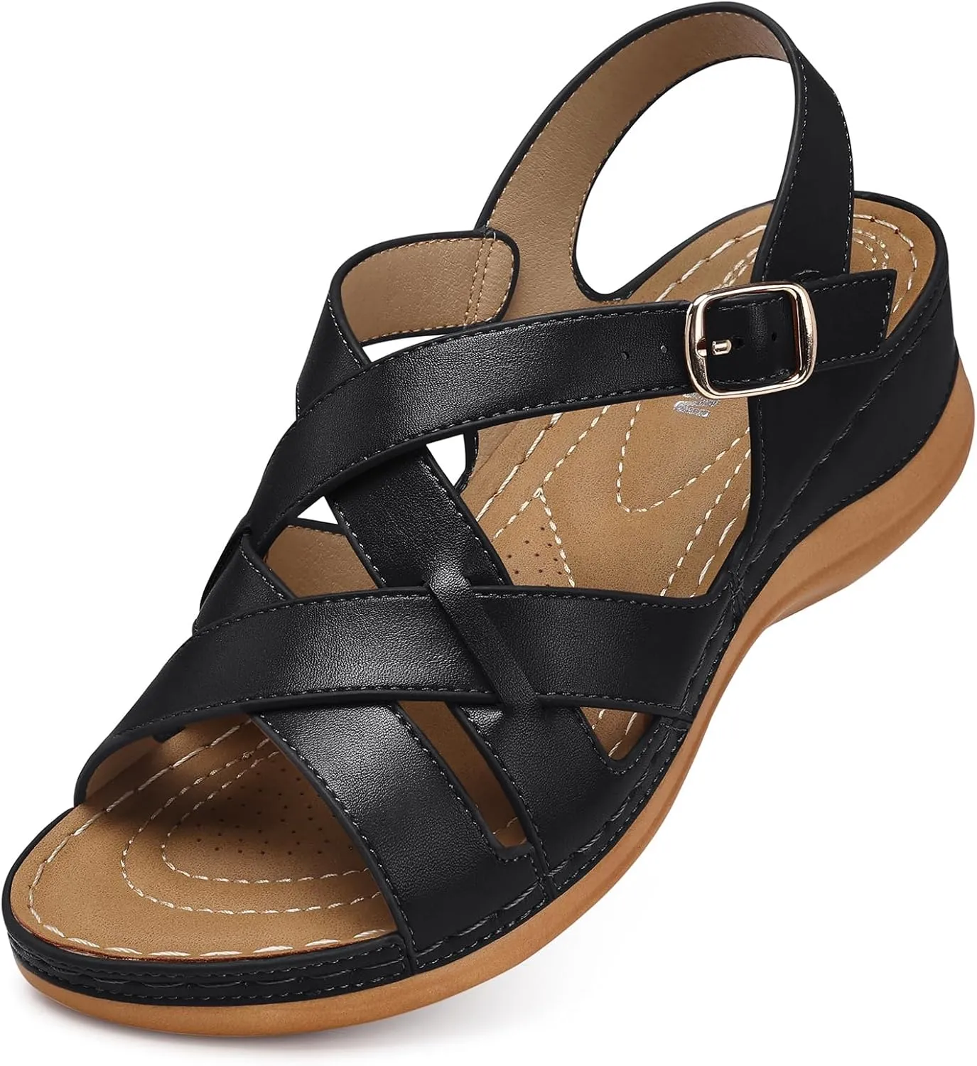 TEMOFON Flat Women Sandals Wide: Flat Summer Sandal - Black Leather Casual Sandals - Dressy Comfortable Walk Sandal for Woman Size 11