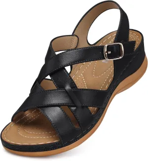 TEMOFON Flat Women Sandals Wide: Flat Summer Sandal - Black Leather Casual Sandals - Dressy Comfortable Walk Sandal for Woman Size 11