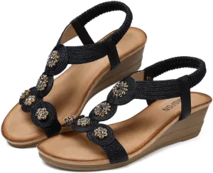 TEMOFON Womens Wedge Dressy Sandals: Elastic Ankle Strap Sandals - Summer Beach Open Toe - Comfortable Walking Sandals Size 5-11