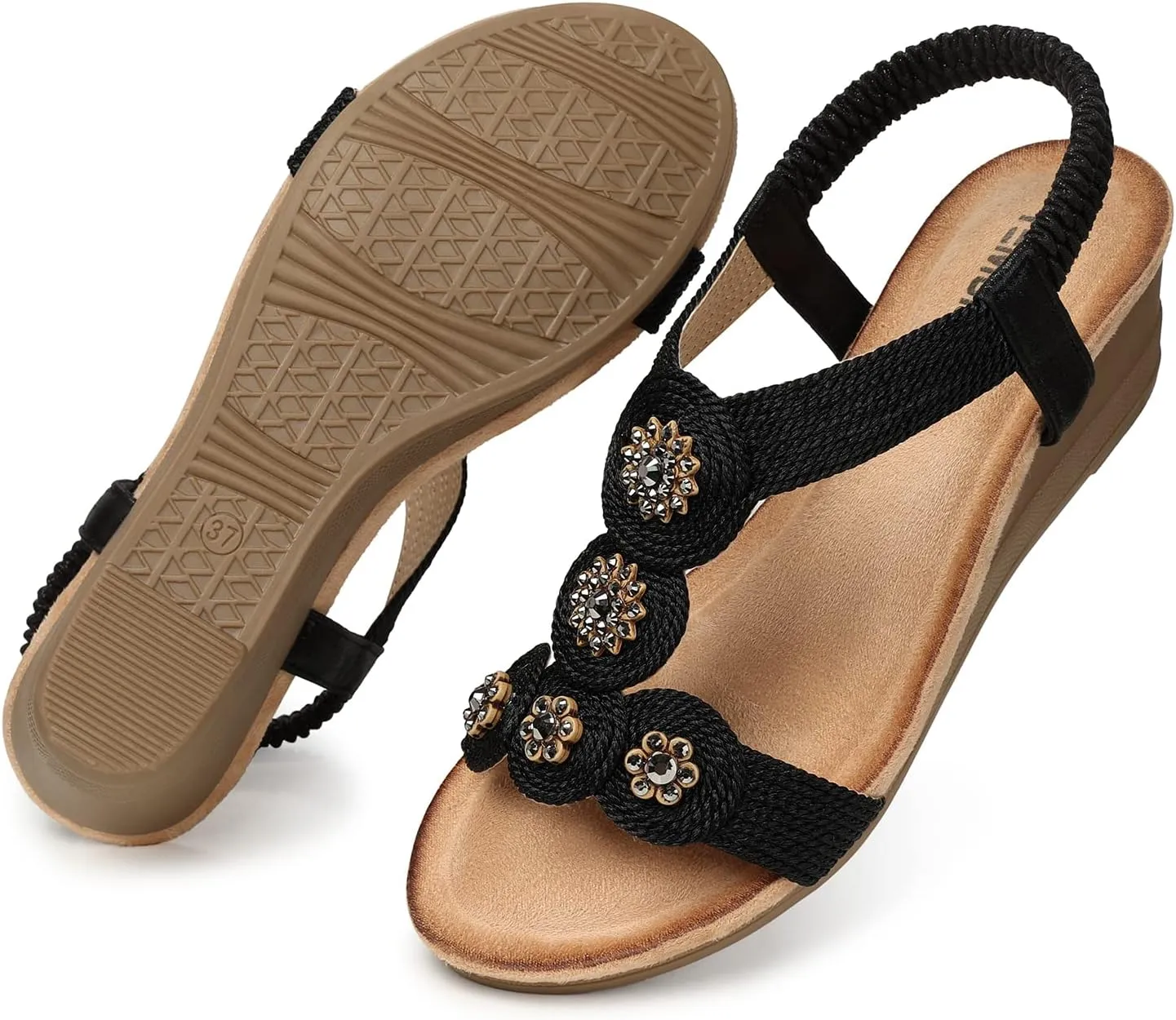 TEMOFON Womens Wedge Dressy Sandals: Elastic Ankle Strap Sandals - Summer Beach Open Toe - Comfortable Walking Sandals Size 5-11