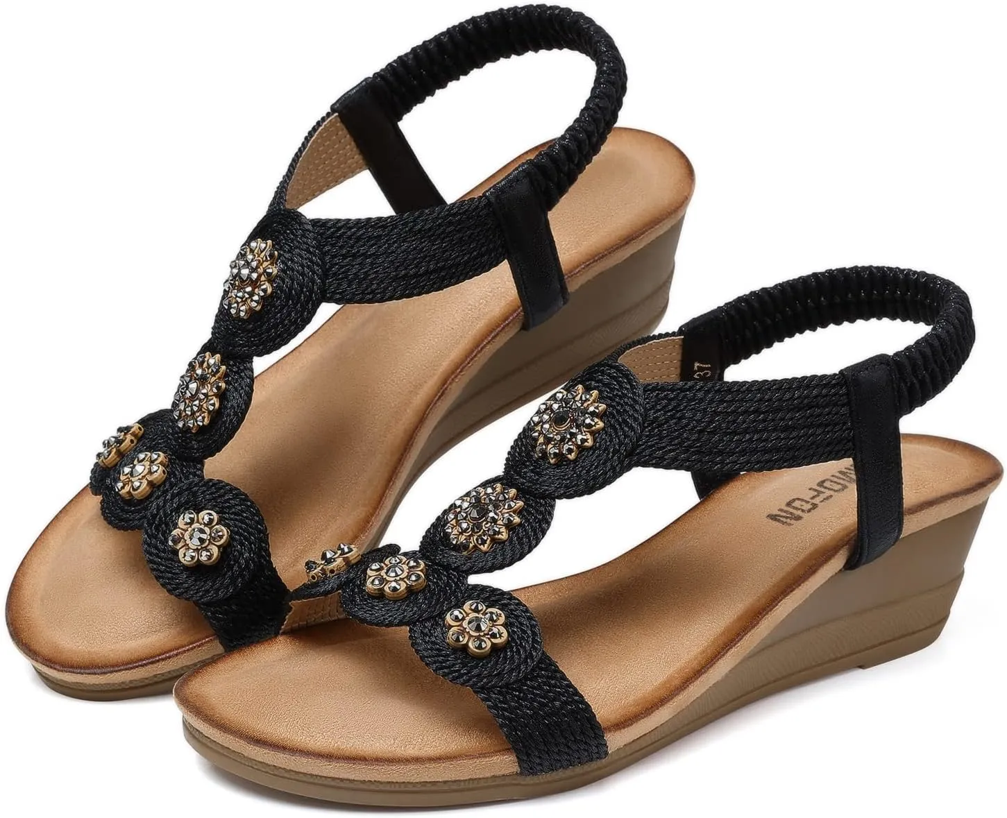 TEMOFON Womens Wedge Dressy Sandals: Elastic Ankle Strap Sandals - Summer Beach Open Toe - Comfortable Walking Sandals Size 5-11