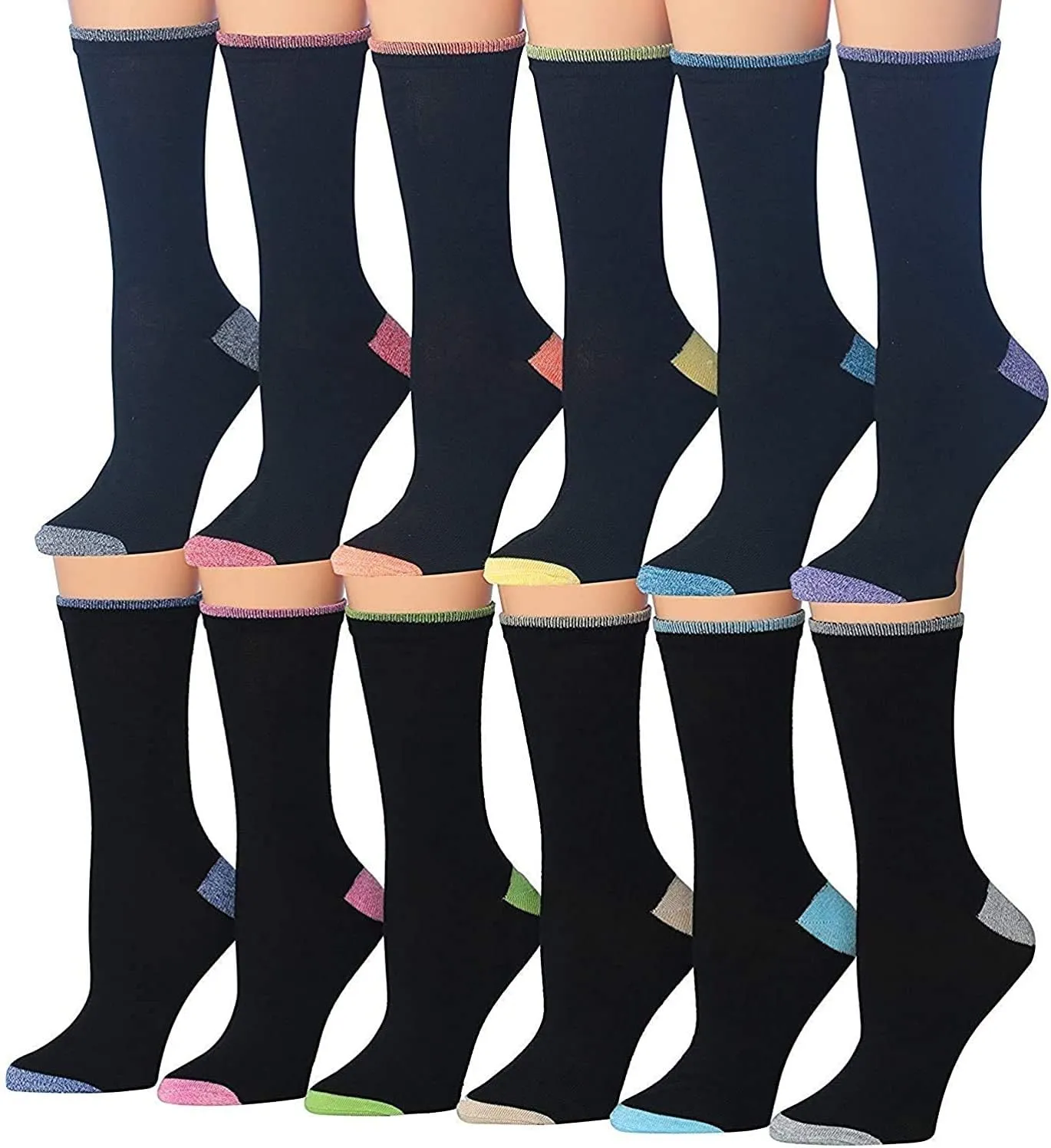 Tipi Toe Women's 12 Pairs Lightweight Colorful Patterned Crew Socks Available in Sizes 9-13