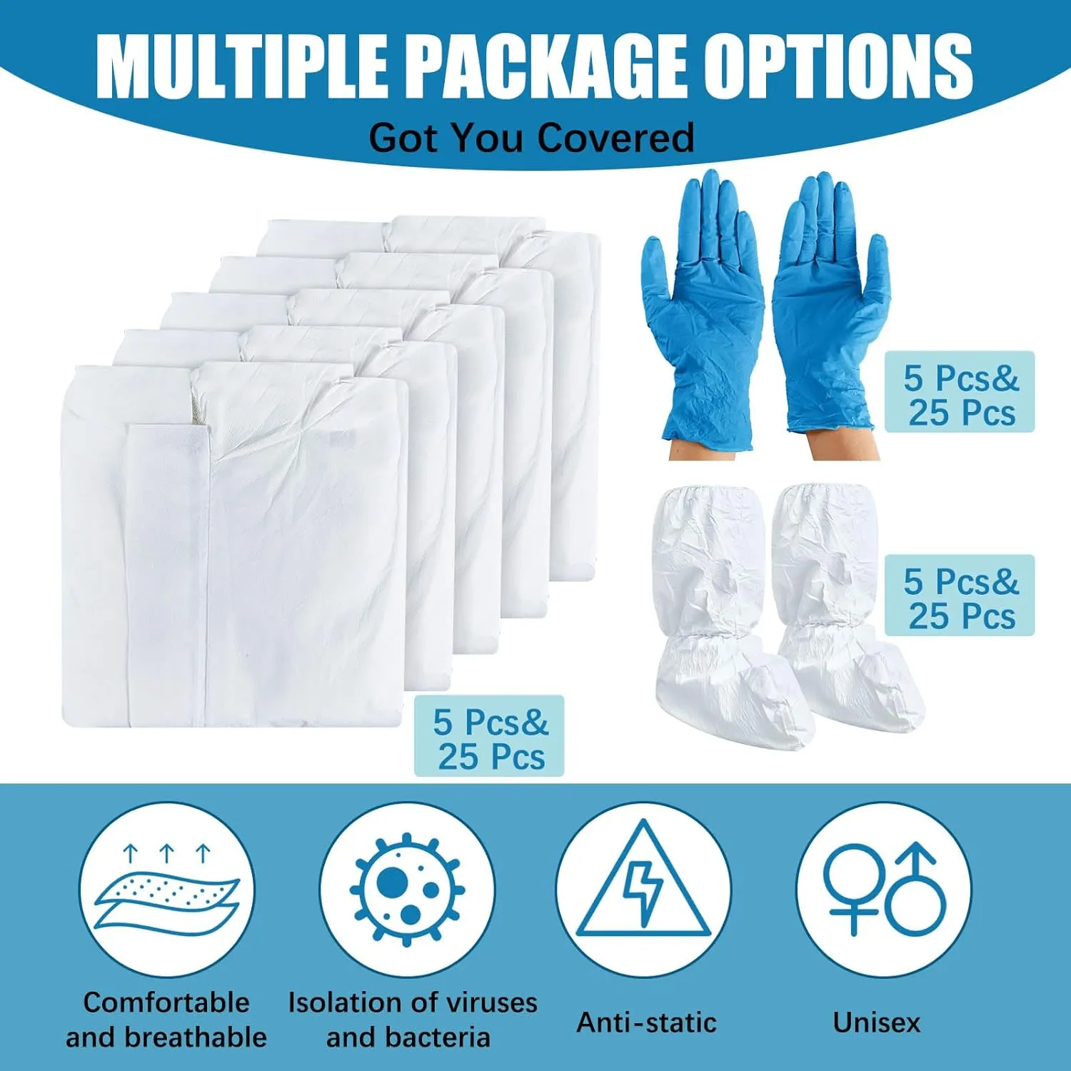 TrelaCo 5 Set Hazmat Suit Disposable Protective Coverall Suit with Shoe Cover Nitrile Gloves Breathable Water Proof Paint Coveralls (XL)