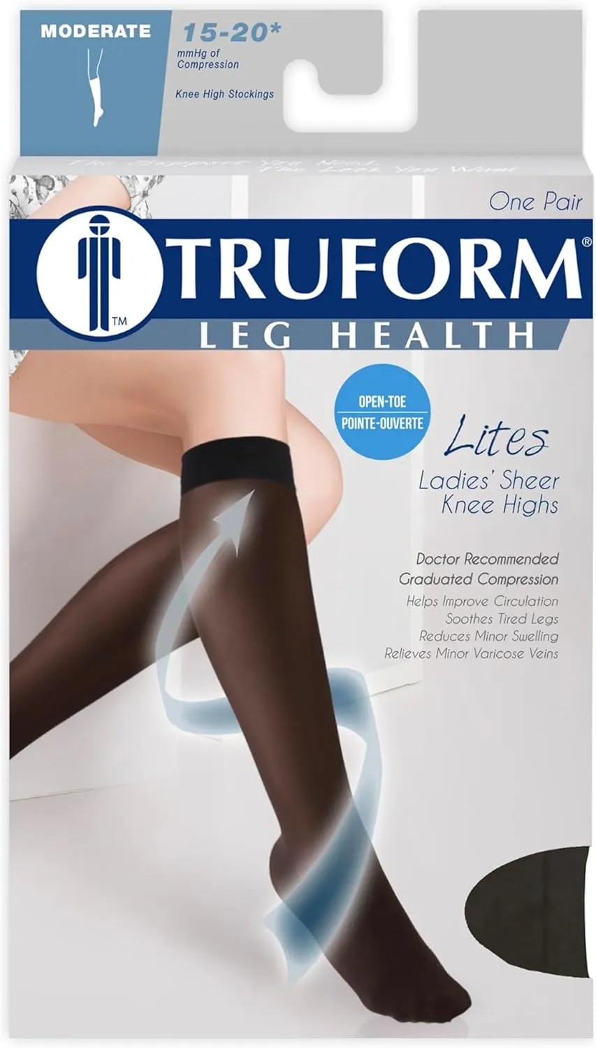 Truform Sheer Compression Stockings, 15-20 mmHg, Women's Knee High Length, Open Toe, 20 Denier, Ivory, Large