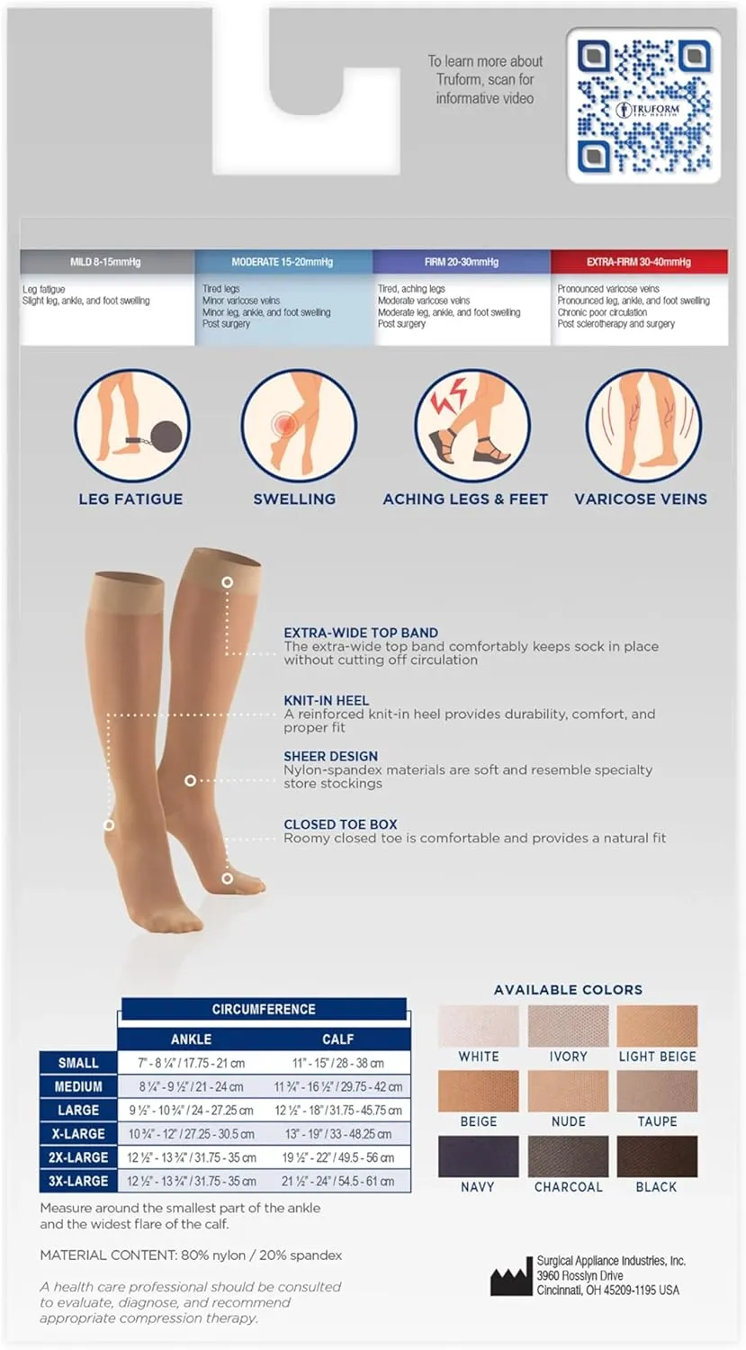 Truform Sheer Compression Stockings, 15-20 mmHg, Women's Knee High Length, Open Toe, 20 Denier, Ivory, Large