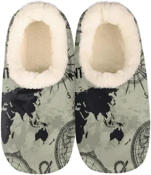 Vintage World Map Globe Slippers for Women Men Cozy Non-slip House Shoes Winter Warm Indoor Slipper