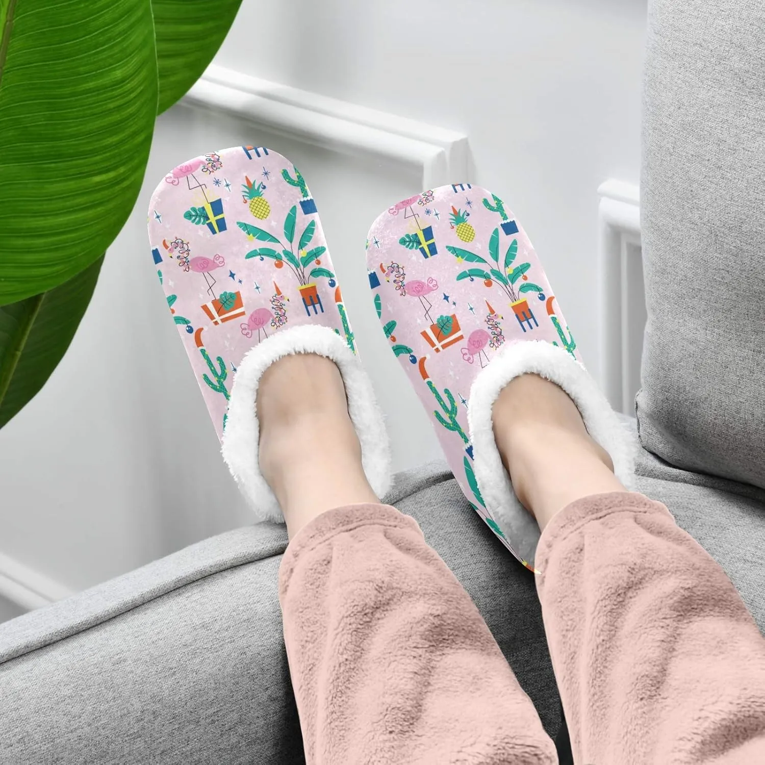 Winter House Slippers for Women/Men with Tropical Jungle Palm Leaves Element Cozy Fleece Slippers